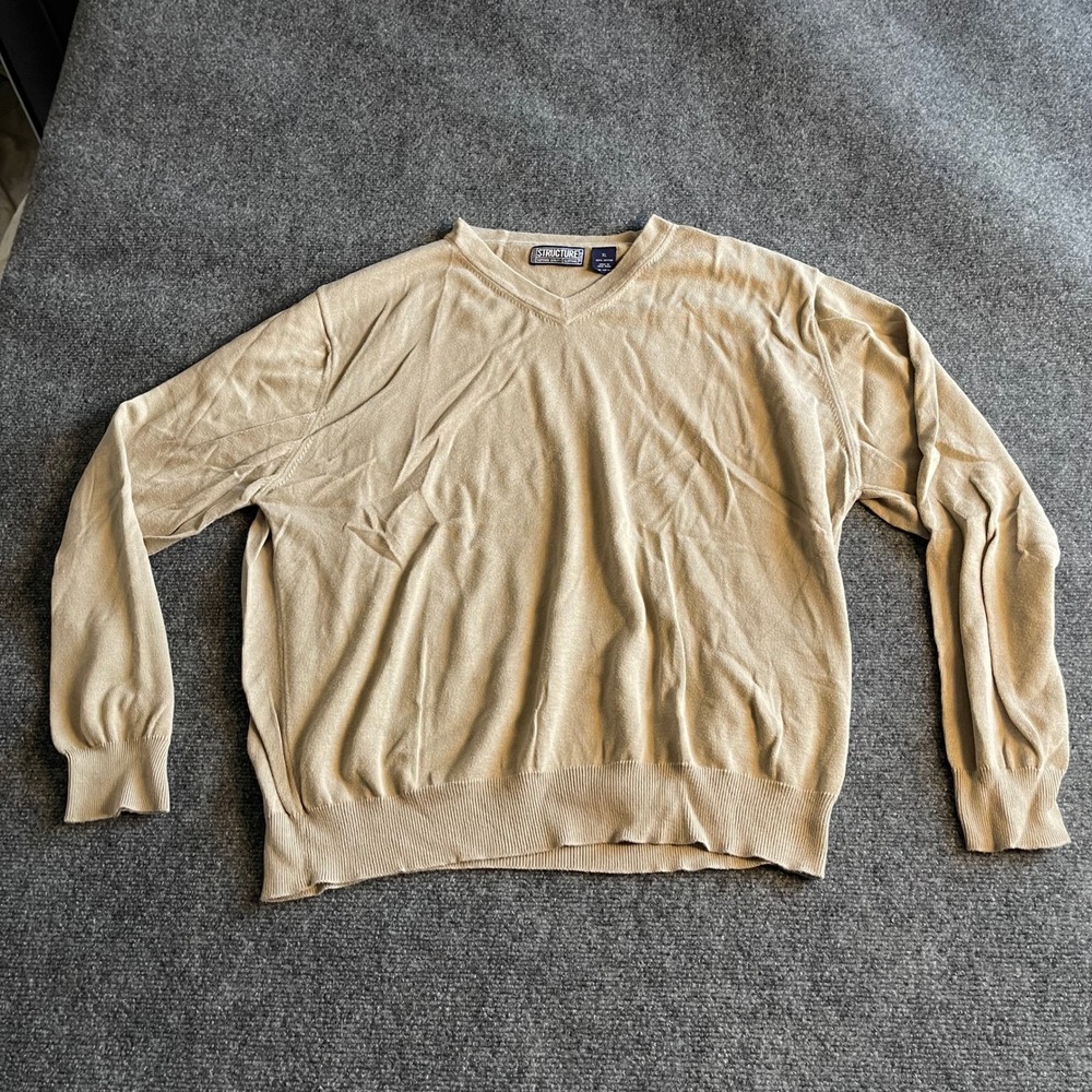 Structure Mens V-Neck Sweater XL Tan Beige 100% Cotton Long‎ Sleeve Vintage 90s